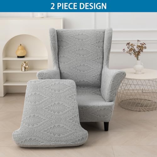 HZDHCLH Wingback Chair Slipcovers 2 Piece Stretch Spandex Chair Covers Washable Armchair Protector with Elastic Fit for Living Room Bedroom Light Gray Embossed Leaf Pattern