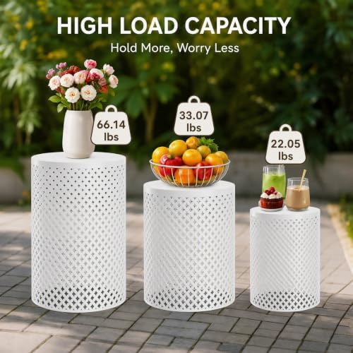 Set of 3 Outdoor Side Table, Garden Stool for Patio, Metal Accent Table Modern End Table, Patio Side Table for Garden, Balcony, Bedroom Indoor Outdoor Decorative, Cream White