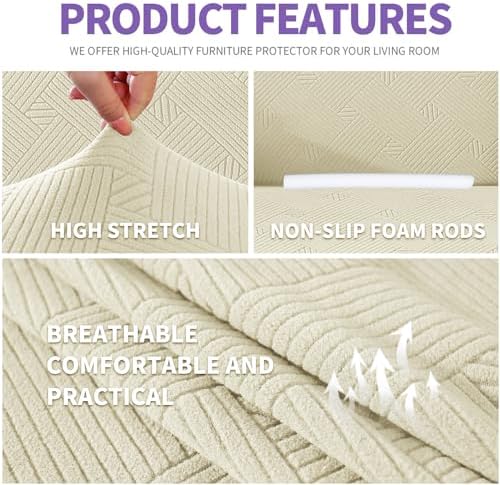 ZNSAYOTX Super Stretch Loveseat Covers (57"-70"), New Striped Love Seat Slipcover, Dogs Pet Friendly Anti-Slip Couch Protector Spandex Durable 2 Seater Fabric Sofa Cover (Beige, Loveseat)