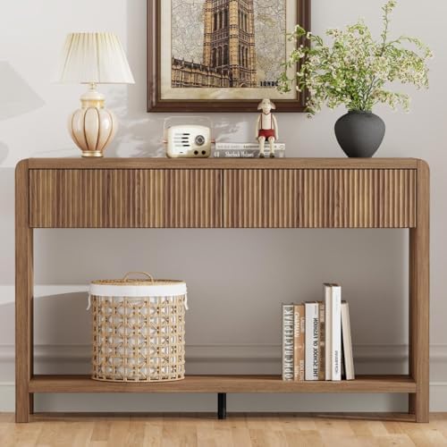 FATORRI Console Sofa Table for Entryway, 47.2 Inch Wood Foyer Tables for Living Room, Farmhouse Couch Table behinde Sofa with 2 Drawers for Hallway Storage, Walnut