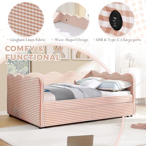 Full Size Daybed with Storage Drawers, Linen Gingham Daybed with USB Ports & Wave Shaped, Upholstered Day Bed Frame, Modern Sofa Bed for Living Room/Bedroom/Guest Room, No Box Spring Needed, Pink