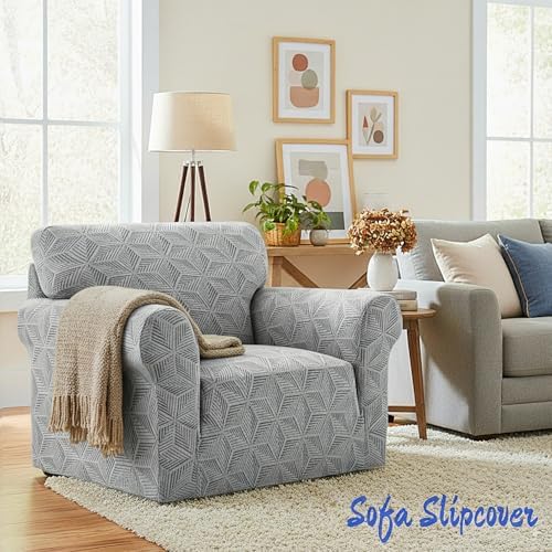 YEMYHOM 1 Piece Stretch Chair Sofa Slipcovers Couch Covers for 1 Seat, Jacquard Armchair Covers with Non-Slip Elastic Bottom, Thickened Furniture Protector for Dogs Pets kids (Small, Light Gray）