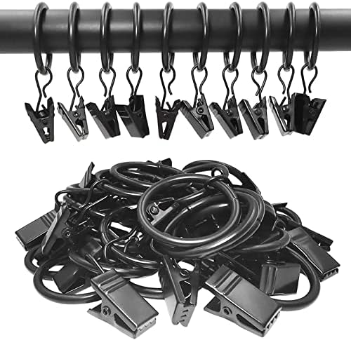 44 Pack Metal Curtain Rings with Clips, 1 in ID, Black