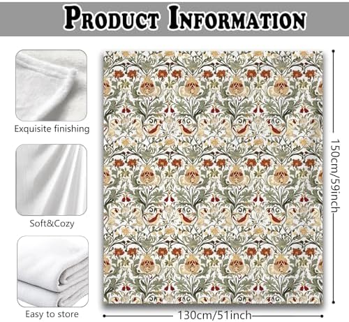 Vintage Floral Throw Blanket for Couch, Floral Room Decor, Retro Botanical Bird Art Nouveau Throw Blanket for Bedroom Living Room Decoration, 50x60 Inches
