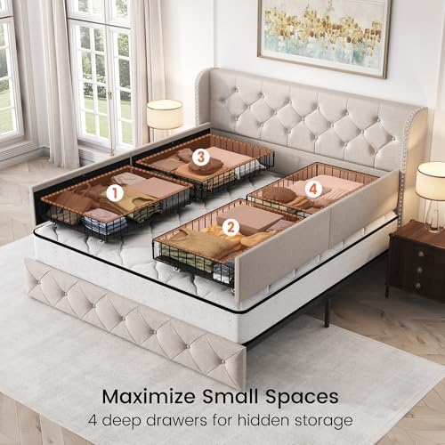 LARMACE Queen Size Bed Frame with 4 Storage Drawers and 47.2" Tall Tufted Headboard Linen Upholstered Platform Bed Frame Wingback Beds with Wooden Slats Support, Easy Assembly, Beige
