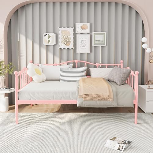 GarveeHome Twin Size Daybed Frame, Sofa Bed with Stylish Headboard, Heavy Duty Steel Slat Support, Space Saving for Living Room/Bedroom/Guest Room, Pink