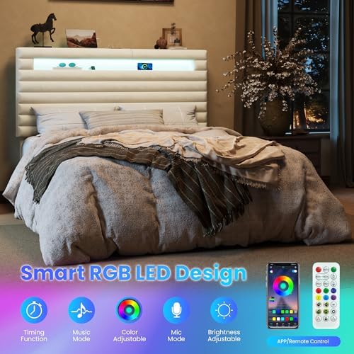 SHA CERLIN Full Bed Frame with LED Light & 2-Tier Storage Shelf, Cream