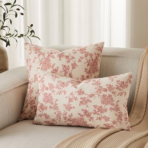 2 Pack French Floral Throw Pillow Covers 16x16in, Red/Cream