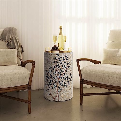 PEMAR Mother of Pearl Tree of Life End Table, 13" Round Accent Side Table