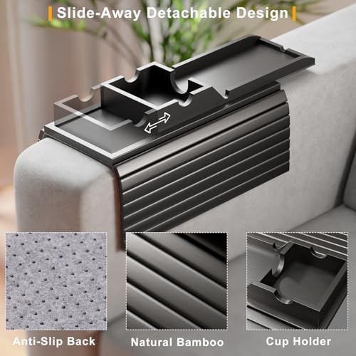 Bestjing Bamboo Couch Armrest Table with Detachable Cup Holder Tray (Black)