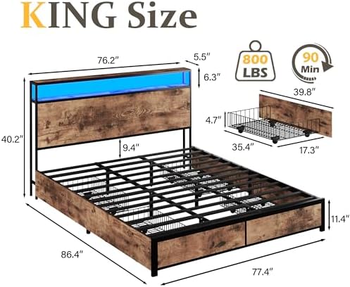 Lifezone King Bed Frame with 2-Tier Storage Headboard, Metal Platform Bed Frame with 4 Storage Drawers, Built in Charging Station & LED, Noise-Free/Metal Support/No Box Spring Needed, Vintage Brown