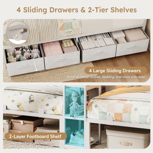 Twin Beds for 2 Kids with Storage Bookcase Divider,Charging Station and LED
