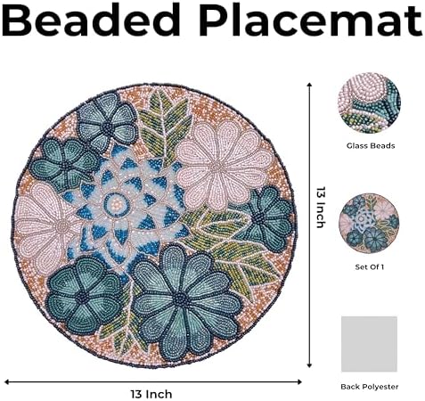 Beaded Placemats 13" Flower, Round Dining Table mat, Teal Multi