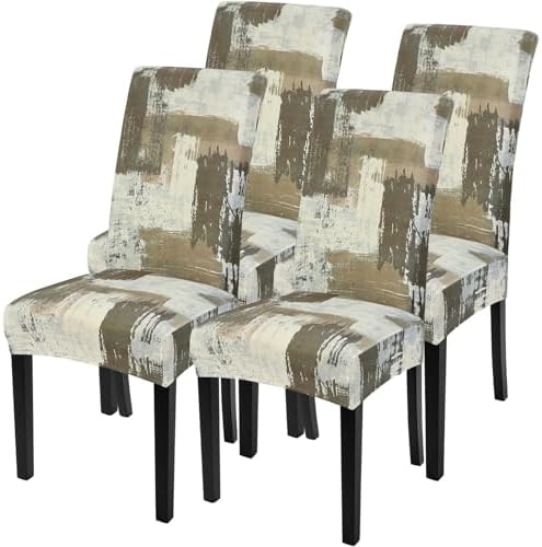 SearchI Dining Room Chair Covers Set of 4, Stretch Printed Floral Parsons Chair Slipcovers Removable Washable Kitchen Chair Protector Cover for Dining Room, Hotel, Ceremony (Brown Abstract Pattern)