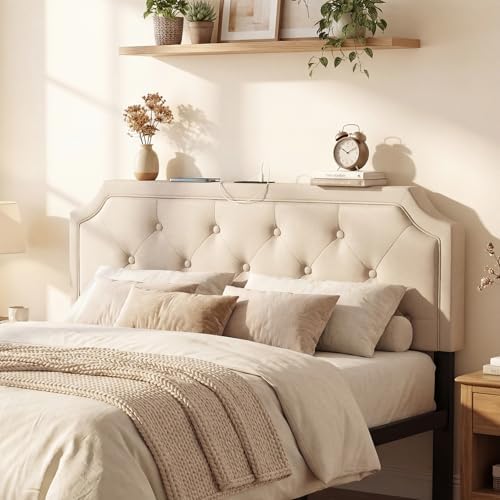 KOMFOTT Upholstered Headboard with Charging Station for Full & Queen Size Bed Frame, Tufted Button Bed Headboard with Solid Rubber Wood Legs, Headboard with Adjustable Width, Beige