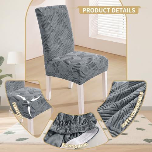 JIVINER Stretch Dining Chair Slipcovers Set of 2, Geometrical Jacquard Dining Chair Covers, Washable Kitchen Chair Covers for Dining Room, Hotel, Party, Light Grey