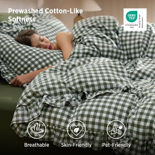 Bedsure Gingham Ruffle Duvet Cover Set, King, Cotton-Like Bed, Olive Green