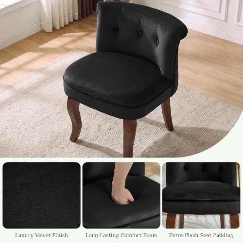 Velvet Vanity Chair with Back, Upholstered Makeup Vanity Stool, Black