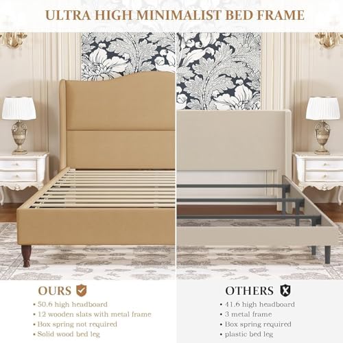 koorlian King Upholstered Bed Frame with 51'' Tall Headboard, Warm Brown