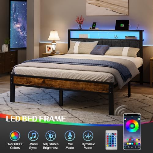 Liians Queen Size Bed Frame with 2-Tier Storage Shelf Headboard, LED Lights