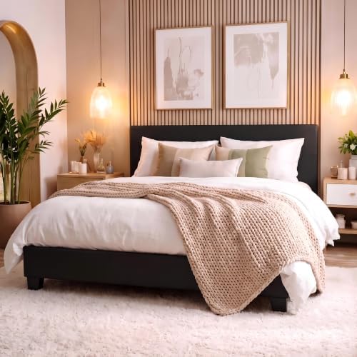 Allewie Full Size Faux Leather Bed Frame, Adjustable Headboard, Black