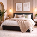 Allewie Full Size Faux Leather Bed Frame, Adjustable Headboard, Black