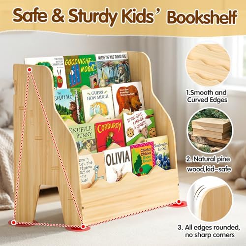 Kids Bookshelf Montessori Wooden Bookcase 4-Tier Front-Facing Organizer