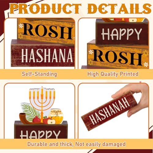 Yuntau 4 Pcs Rosh Hashanah Table Decor Wood Sign Jewish Tiered Tray Decor
