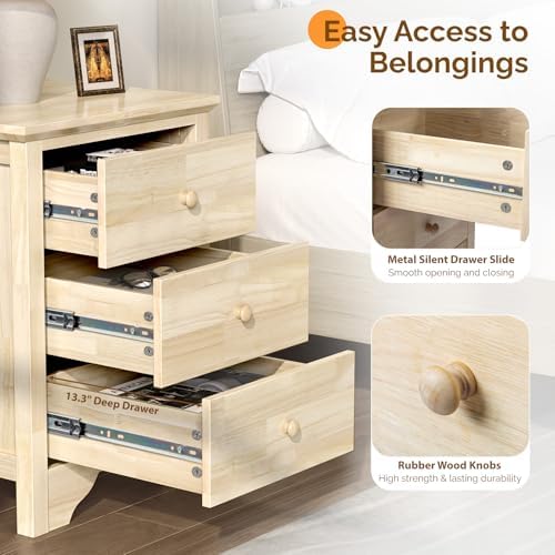 VINGLI Unfinished Rubber Wood Nightstands Set of 2 for Color DIY, 18.54" W Nightstand with Charging Station, 3 Drawer Nightstand, Real Wood Night Stands/Bed Side Table/End Table for Bedroom