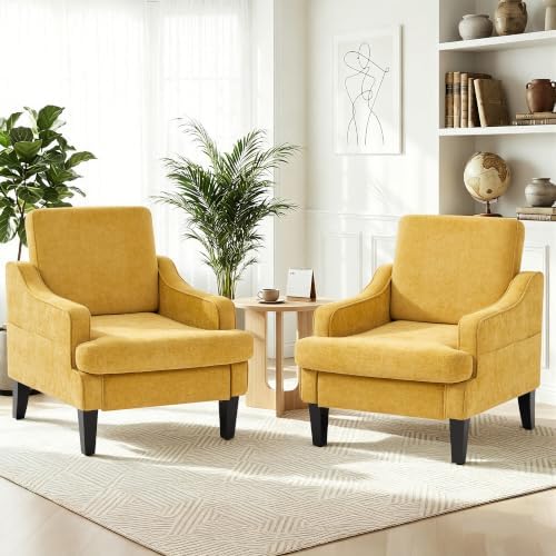 Set of 2 Accent Chair for Living Room,Mid-Century Arm Chair Chenille Fabric Living Room Chairs,Upholstered Reading Chair for Bedroom,Single Sofa Chair with Wood Legs for Apartment (Yellow)
