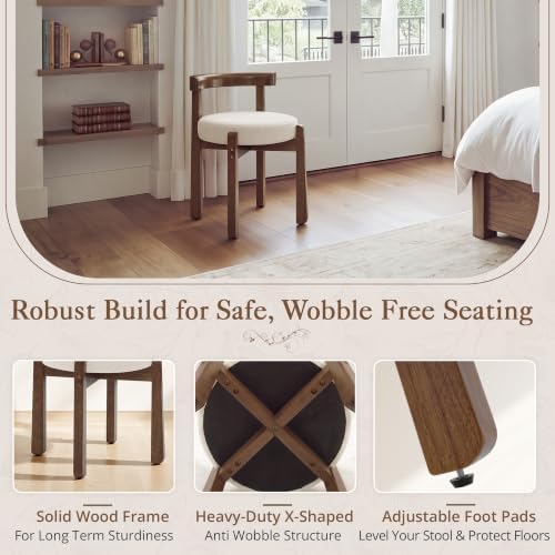 LUE BONA Wood Vanity Chair Stool with Back, Mid-Century Makeup Bench, Beige