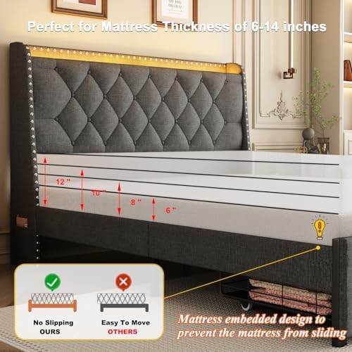 Queen Size Bed Frame with Storage Headboard and 2 Drawers, Upholstered Button Linen Platform Bed frame with Led Lights and Charging Station, No Box Spring Needed, Easy Assembly, Noise Free, Gray