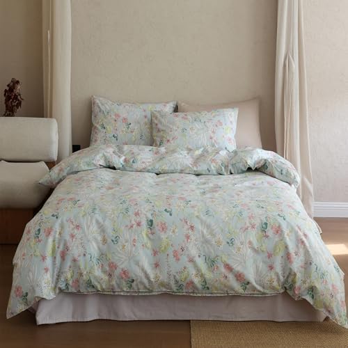 HighBuy Farmhouse Duvet Cover Full Size,Colorful Floral 100% Cotton Durable Duvet Cover Set Coquette Soft Blue Comforter Cover Quilted Cover Set for Women Girls,Cottagecore Bedding Set