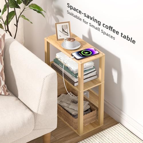 YUFAM 3-Tier Narrow Bedside Table with Charging Station, Skinny Nightstand