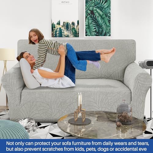 YEMYHOM Couch Cover Latest Jacquard Design High Stretch Sofa Covers for 2 Cushion Couch, Pet Dog Cat Proof Loveseat Slipcover Non Slip Elastic Furniture Protector (Medium, Begonia Leaf Light Grey)