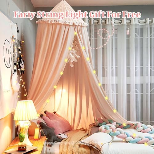 Hommi Lovvi Bed Canopy for Girls, Dreamy Frills Ceiling Hanging Princess Canopy Bedroom Decoration Soft Canopy Net Reading Nook, Extra Large Full Queen Size Bed Canopies - Light Pink
