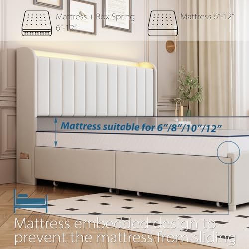 Queen Bed Frame with 4 Drawers and Storage Headboard, Upholstered Platform Bed Frame Queen Size with Led Lights and Handy Charging Station, No Box Spring Needed, Easy Assembly, Noise Free, Beige