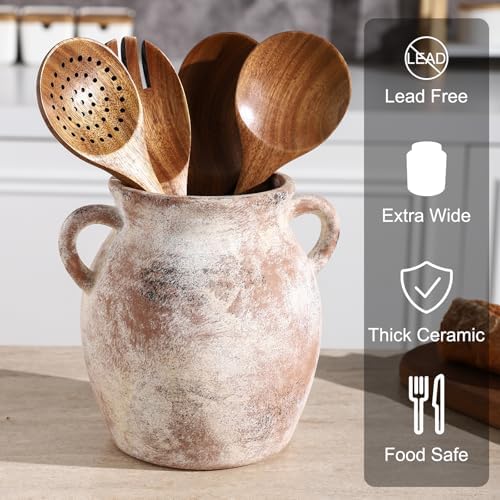 Ceramic Farmhouse Kitchen Utensil Holder for Countertop, Rustic Cooking Utensil Holder Crock Fit for Kitchen Counter.