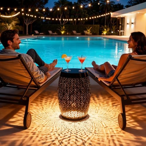 18" Metal LED Outdoor Side Table, 3-Mode Lights, Modern Drum Design