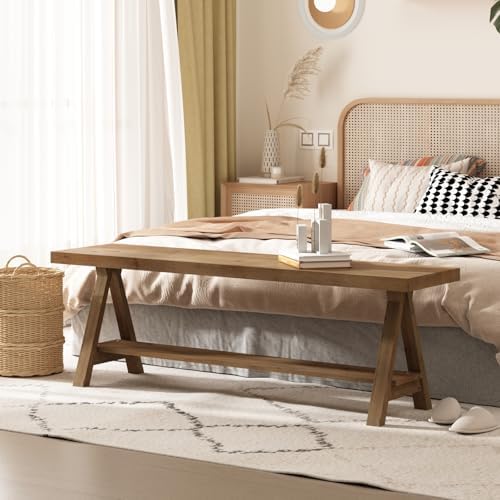 RowyPoey 54" Solid Wood Bench, Long Entryway Bench with Shoe Storage