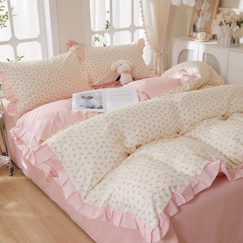 Romantic Pink Floral Duvet Cover Set Full, 100% Cotton Ruffle Lace Bedding Set, Coquette Botanical Flower Comforter Cover with 2 Pillowcases, Soft Aesthetic Princess Bedding for Women Teen Girls