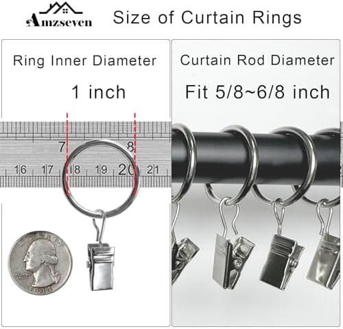 44 Pack Metal Curtain Rings with Clips, 1 in ID, Silver