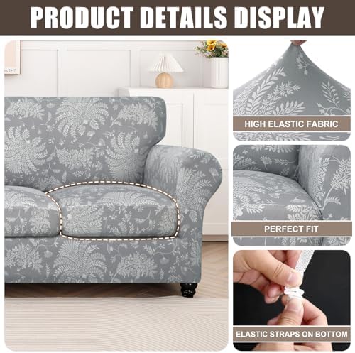 SearchI Sofa Cover Couch Covers, 2 Pieces Armchair Slipcover with 1 Separate Cushion Cover Stretch Soft Furniture Protector for Living Room Couch Cover for Pets Kids(Armchair, White Plants)