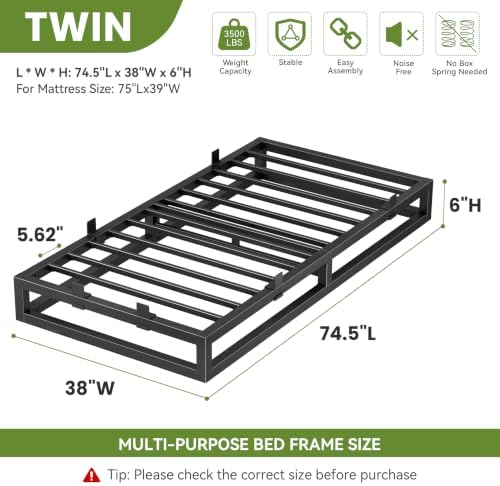 Twin Bed Frame 6 Inch,Metal Heavy Duty Platform Upgrade Low Profile Bed