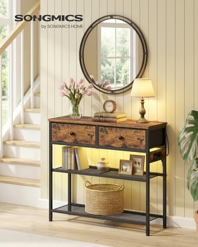 SONGMICS Console Table with Power Outlets and LED Lights, 2 Fabric Drawers