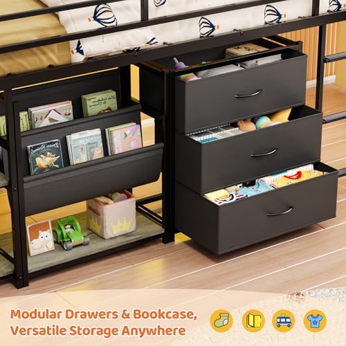 JOYMOR Low Loft Bed Twin Size with 3 Storage Drawers, 2 Tier Storage Shelves, 2 Tier Bookcase and LED Lights, Metal Kids Loft Bed with Safety Guardrail, Spave Saving Design (Black&Gray)
