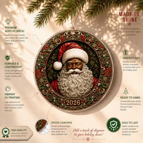 Black Santa Christmas Ornament for Christmas Tree Decorations 2026, Vintage Victorian Old World Santa Medallion, Traditional Holiday Decor, Elegant Antique Inspired Gift for Family and Friends
