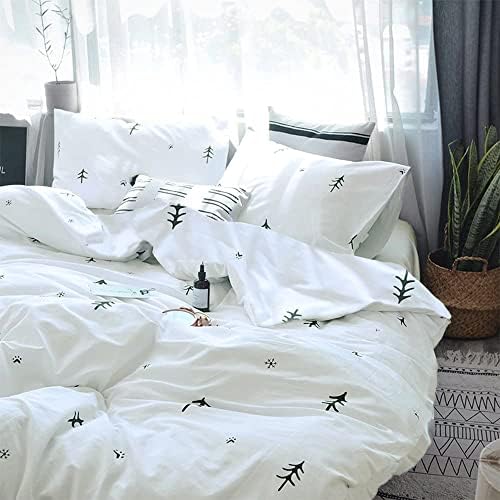 BuLuTu Kids Duvet Cover Full Size Cotton White/Grey,Premium Boys Girls Bedding Sets Twin,Single Bed Comforter Cover Zipper Closure,Forest Tree Print Pattern,Super Soft,Breathable,No Comforter