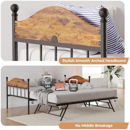 Garvee Twin Daybed with Trundle, Twin Bed Frame with with Stylish Headboard, Heavy Duty Steel Slats Platform for Living Room, Bedroom, Brown