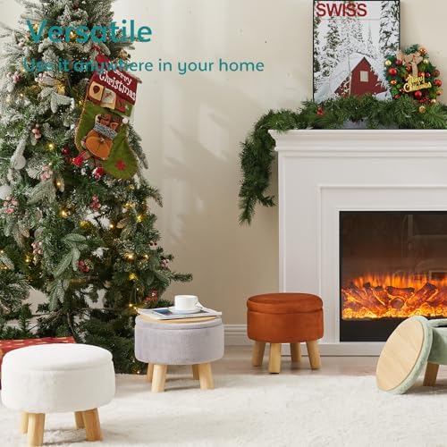 Small Foot Stool Ottoman with Storage, Velvet Ottoman Foot Rest for Couch, Round Footstool with Storage, Small Ottomans and Footstools for Living Room and Entryway (Gray)